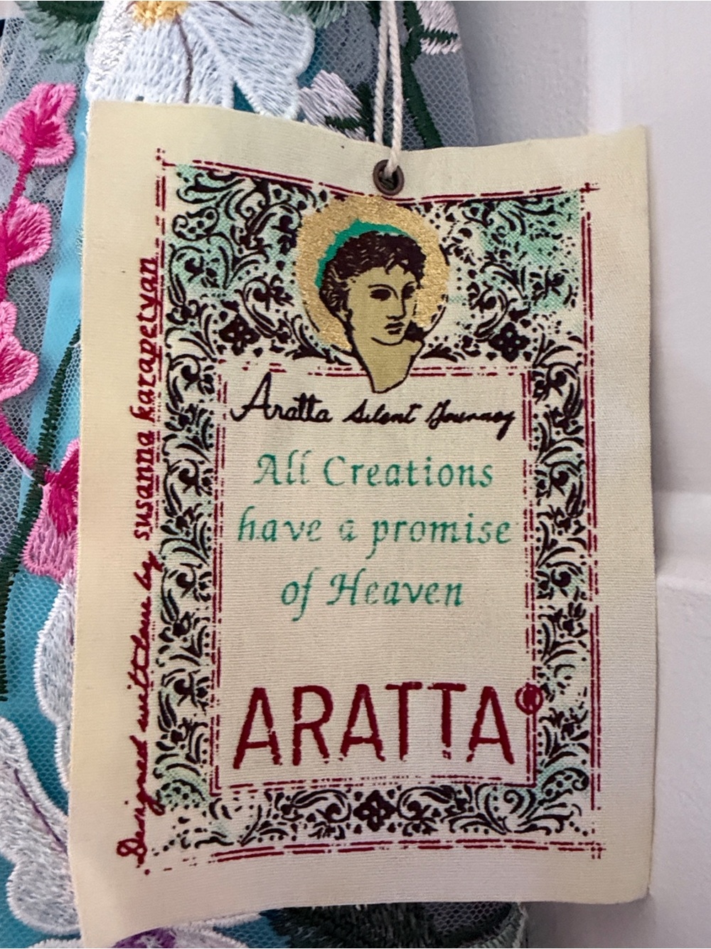 Aratta Silent Journey. Floral Embroidered Tulle Midi Skirt w/ Aqua. Sz XL - Picture 4 of 7
